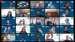 Pulse officials and Loveland city leaders toast after details of broadband plans for residents were revealed during a livestreamed video event