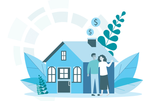 An illustration of two people in front of a house. There is a Pulse icon watermark in the background.