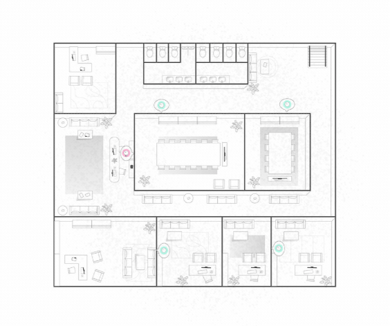 Image of the floor plan of an office with pulsating circles meant to simulate WiFi coverage throughout the office.