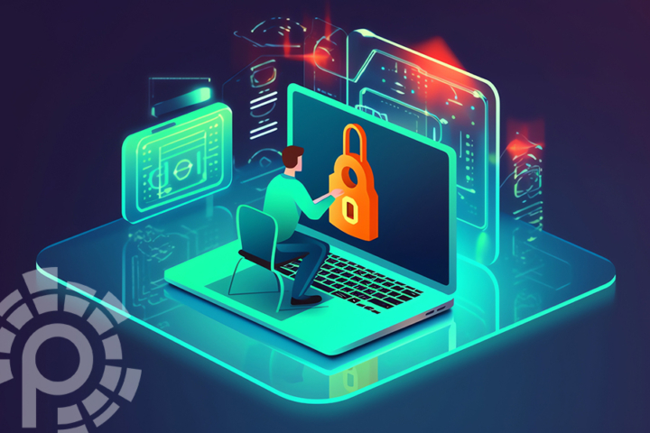 Image: illustration of man in chair on the keyboard of a larger-than life laptop computer. There is a large padlock on the screen of the computer.