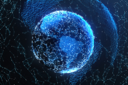Image of blue glowing planet Earth with digital network of connections on dark blue background.