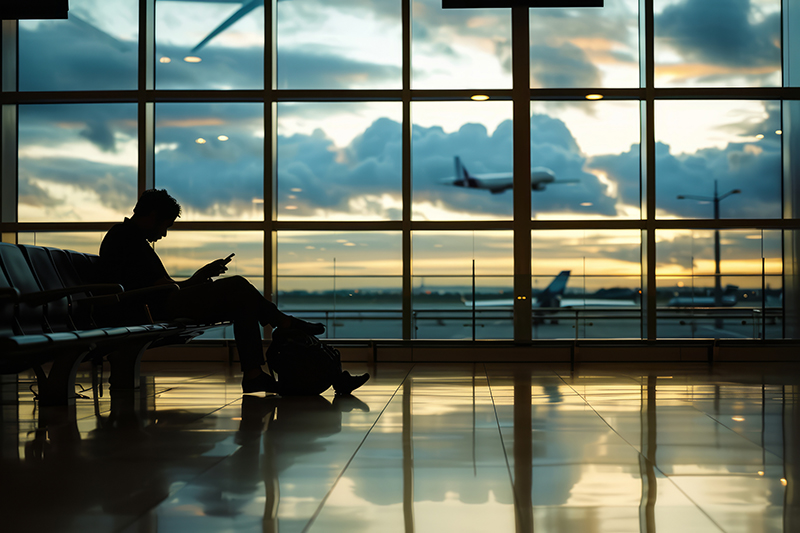 Image of a person using a laptop in an airport