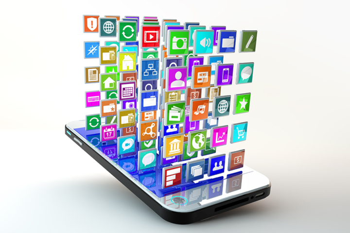 Image of device with 100+ icons coming out of the screen