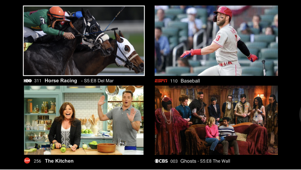 Android version of PulseTV Multi View displaying four live channels in a grid: horse racing on HBO, baseball on ESPN, a cooking show, and a comedy series, with channel numbers and program titles visible.