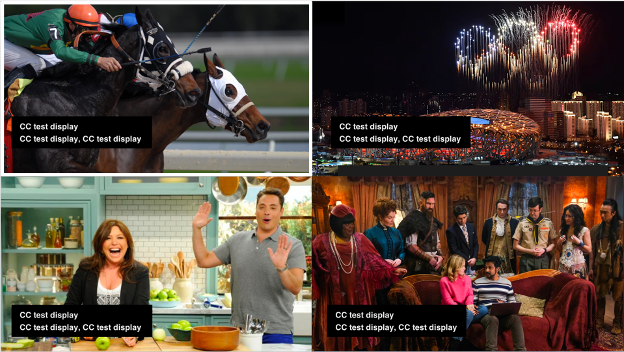Apple TV Multi View display on PulseTV showing four live channels in a grid layout, featuring horse racing, an Olympic fireworks display, a cooking show, and a group scene from a TV series, with closed caption text overlays.