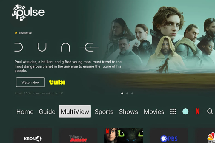 PulseTV interface with the Multi View option highlighted in the main menu, featuring a 'Dune' promo.