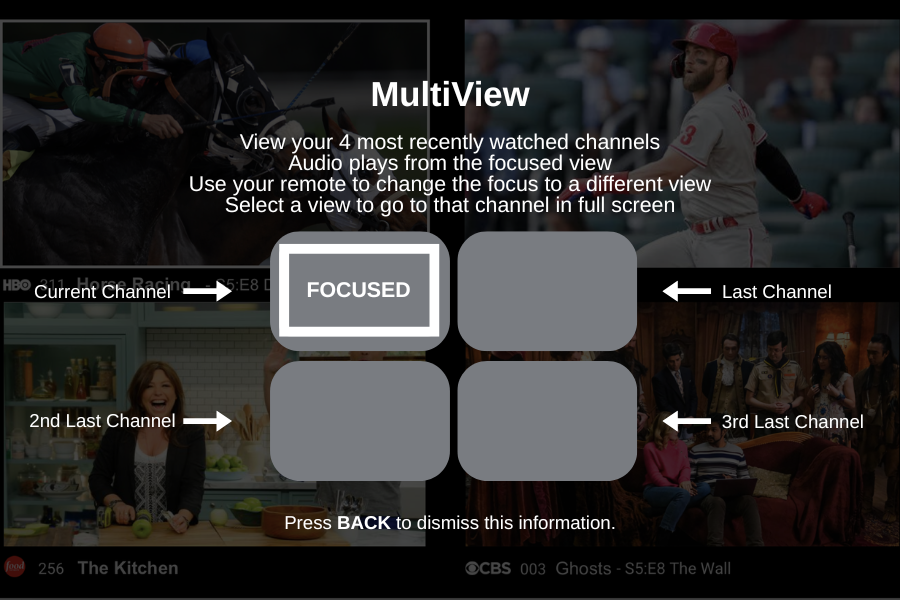 PulseTV Multi View tutorial overlay explaining how to navigate between four recently watched channels, with the current channel highlighted as 'Focused' and instructions for switching views.