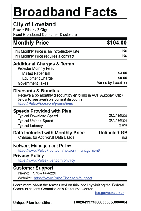 Broadband Label for Pulse Fiber Internet's Power Fiber 2 Gig plan