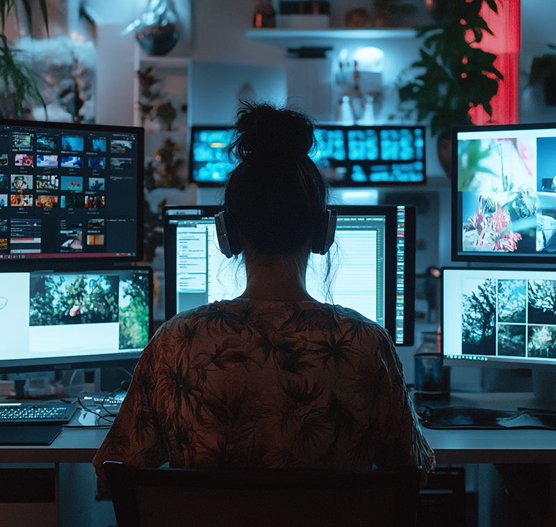 Photograph of woman working in front of multiple computer monitors